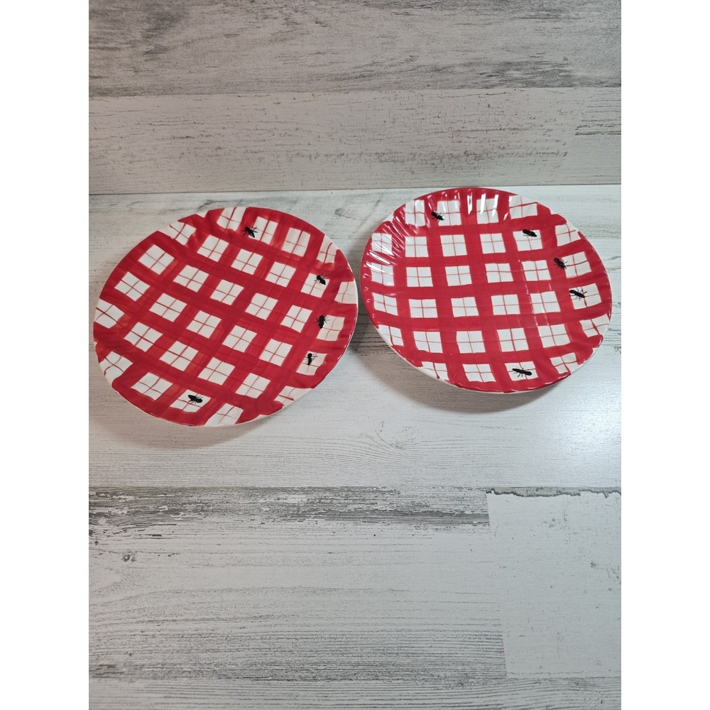 Pier 1 Imports Red Gingham Ant Picnic Salad Plates Set of 2 Hand Painted 8 inch